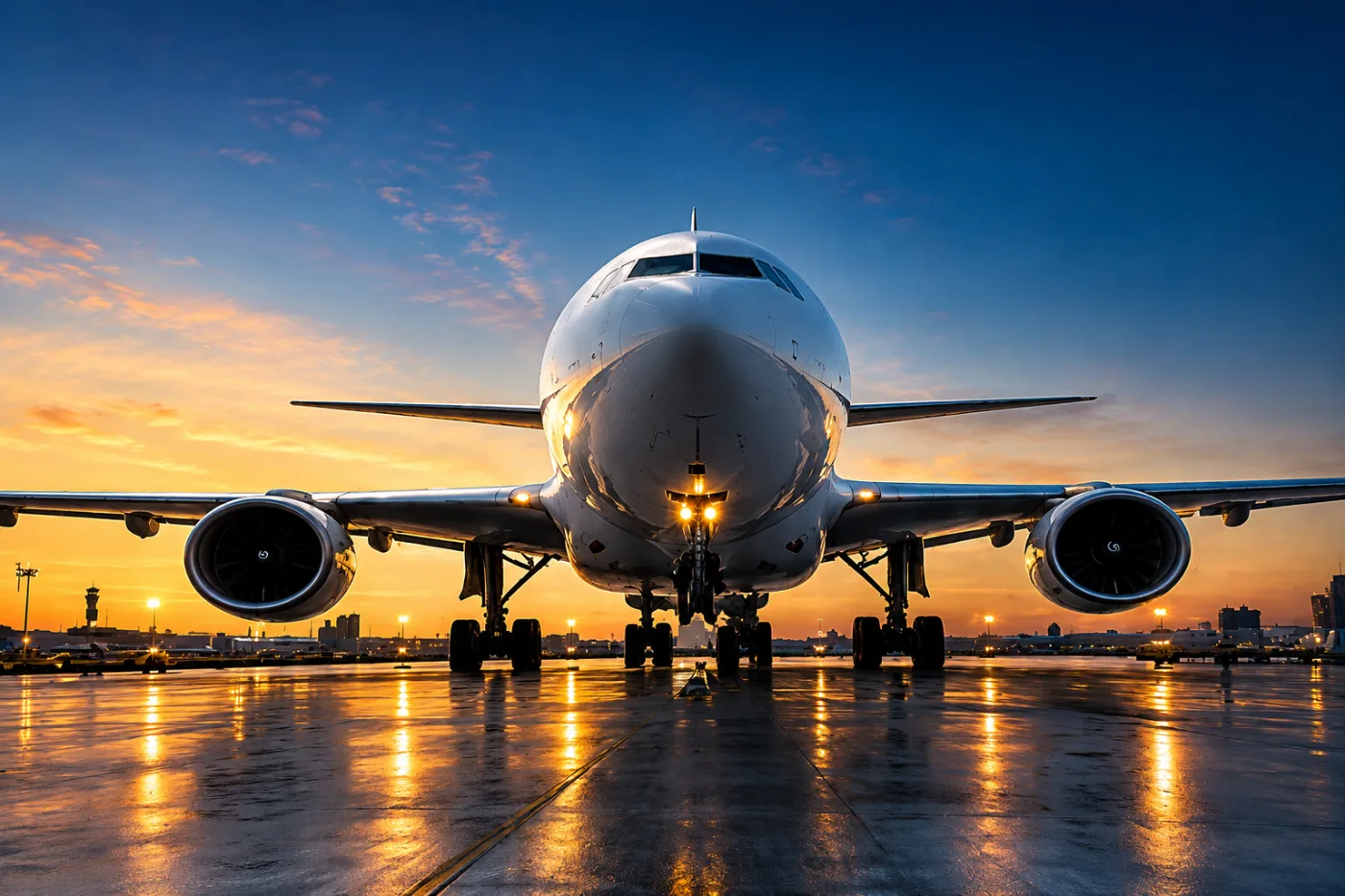 Aeronave cargueira na pista ao amanhecer