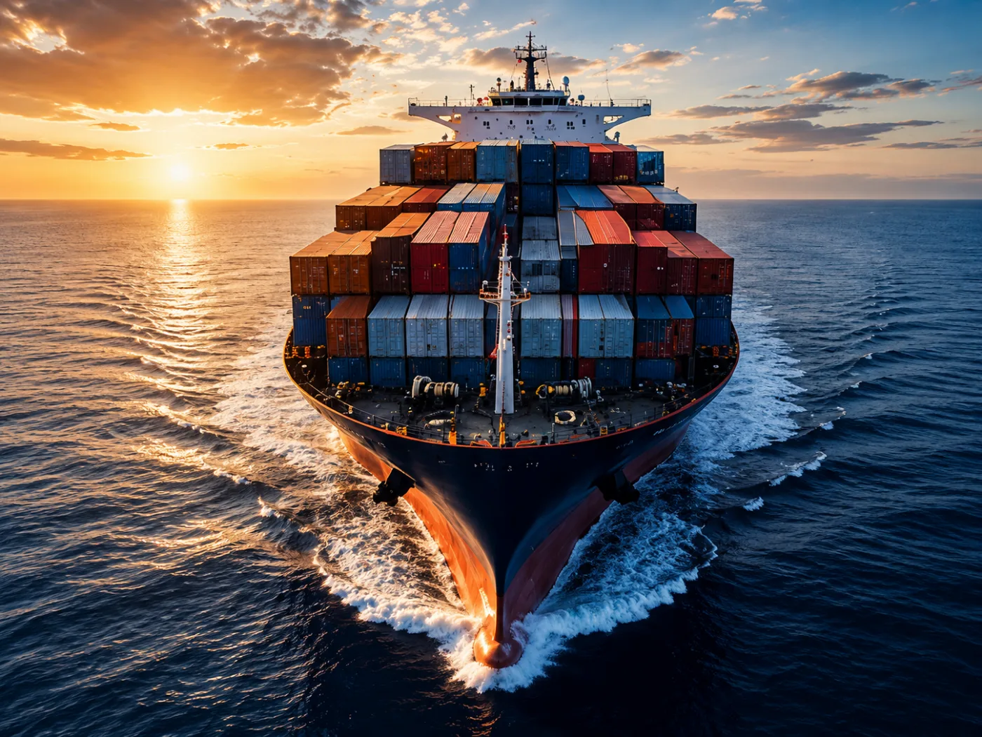 Navio porta-contêineres navegando em alto-mar ao pôr do sol