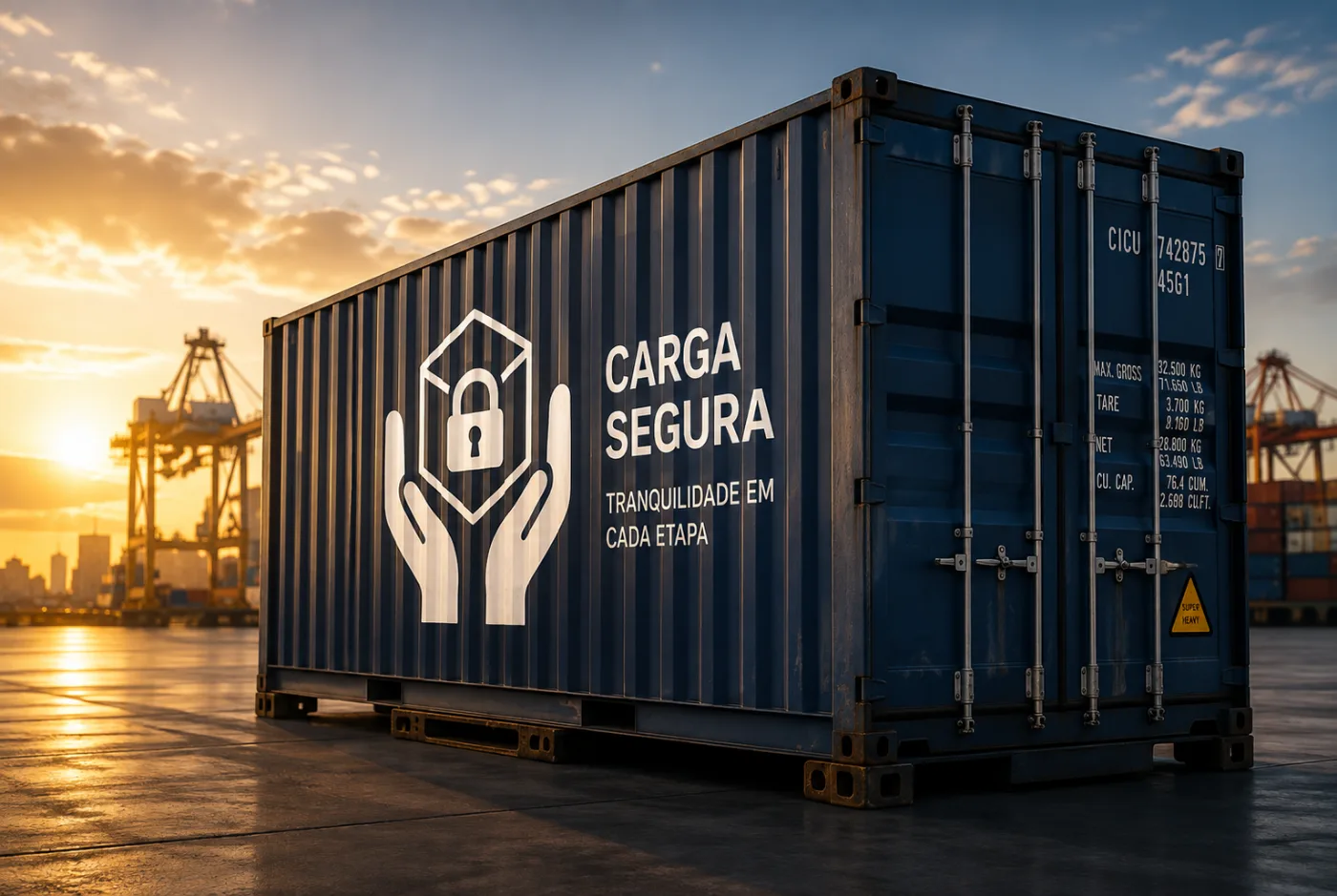 Contêiner com selo de carga segura no pátio do porto